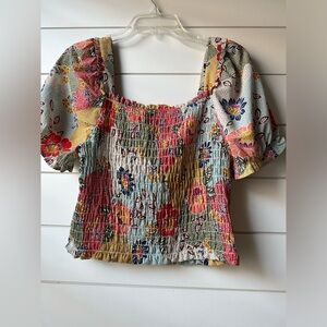 Monteau Floral Puff Sleeve Smocked Top Colorful Vintage Spring Summer Top sz XL